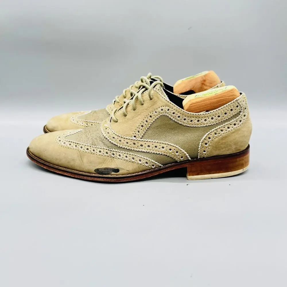 Cole Haan Shoes Mens 9 Beige Green Suede Wingtip Oxford Dress Brogue Rubber Sole